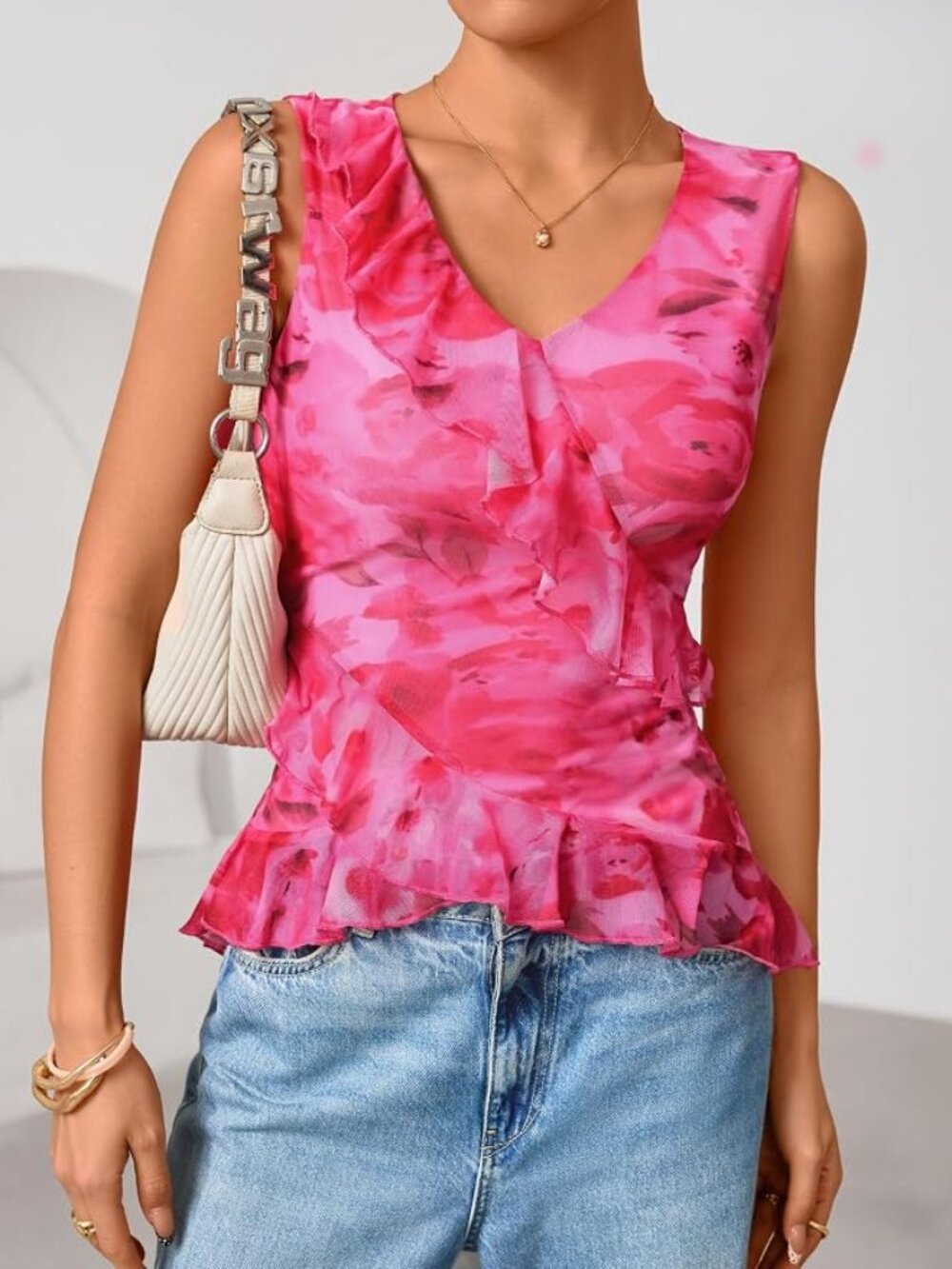 Pink Floral Mesh Top With Ruffles NWT Size XL